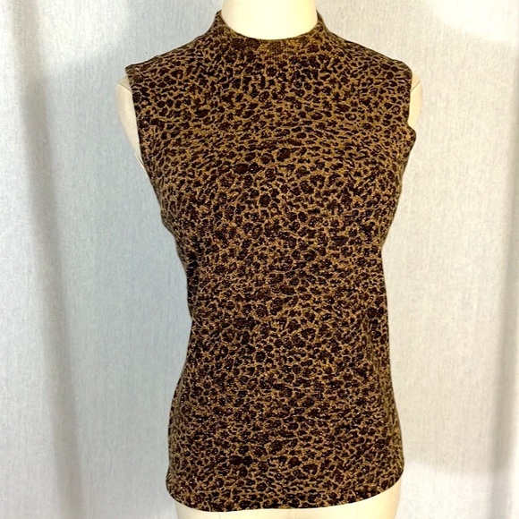 Kathie Lee leopard metallic sparkle mock neck turtleneck sleeveless sweater Y2K - Picture 1 of 4